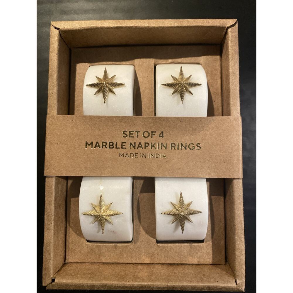 NEW (4) Marble Dinner Napkin Rings w/Gold Starburst Embellishments Unique Heavy